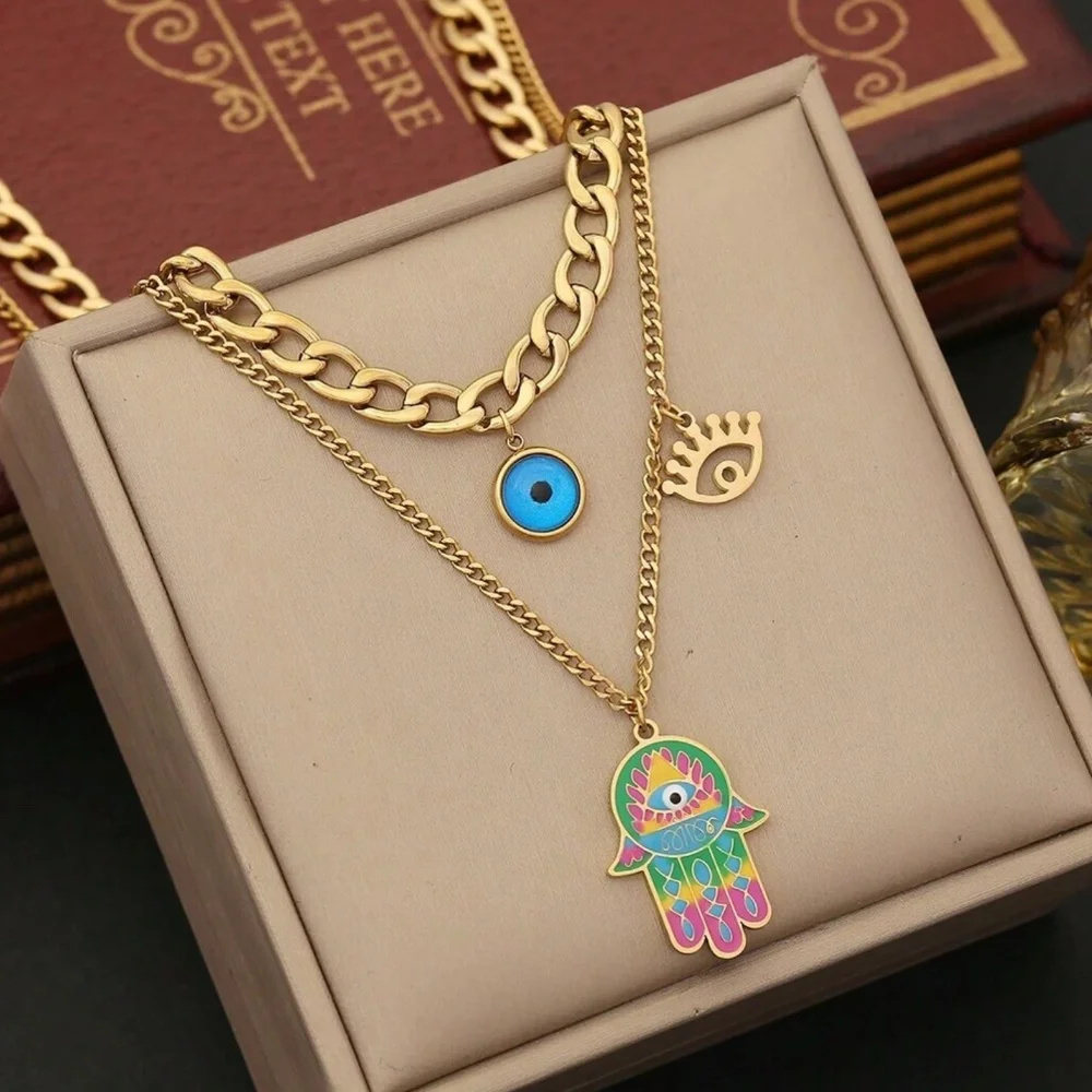 Gold Tone Stainless Steel Evil Eye Hamsa Multilayer Necklace - Picture 1 of 3